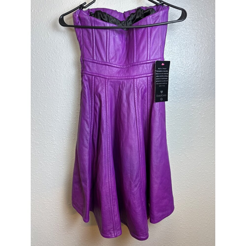 Bebe Purple Faux Leather Strapless High Low Dress Womens XXS NWT Y2K - Picture 13 of 15